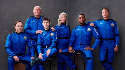 From left: Dylan Taylor, Lane Bess, Cameron Bess, Laura Shepard Churchley, Michael Strahan and Evan Dick were launched into space onboard a Blue Origin rocket on Saturday, December 11, 2021. AP