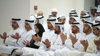 Sheikh Mohammed bin Zayed, Crown Prince of Abu Dhabi and Deputy Supreme Commander of the UAE Armed Forces, centre left, attends the Ramadan Majlis lecture by Professor Hugh Herr. Seen with, from right, Sheikh Mansour bin Zayed, UAE Deputy Prime Minister and Minister of Presidential Affairs, Sheikh Abdullah bin Rashid Al Mu'alla, Deputy Ruler of Umm Al Quwain, Sheikh Hamdan bin Zayed, Ruler’s Representative in Al Dhafra Region, Sheikh Tahnoon bin Mohammed, Ruler's Representative in Al Ain Region, Sheikh Mohammed bin Zayed, Dr Amal Al Qubaisi, Speaker of the Federal National Council, Sheikh Saif bin Zayed, UAE Deputy Prime Minister and Minister of Interior and Sheikh Hamed bin Zayed Al Nahyan, Chairman of the Crown Prince Court of Abu Dhabi and Abu Dhabi Executive Council Member. Hamad Al Kaabi / Crown Prince Court - Abu Dhabi