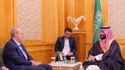 Saudi Crown Prince Mohammed bin Salman meets Ali Larijani, Secretary of Iran's Supreme National Security Council, at Al Yamamah Palace in Riyadh on Tuesday. Photo: SPA