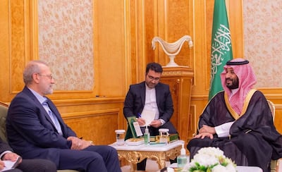 Saudi Crown Prince Mohammed bin Salman meets Ali Larijani, Secretary of Iran's Supreme National Security Council, at Al Yamamah Palace in Riyadh. Photo: SPA