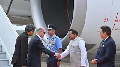 Chancellor of Germany Bundeskanzler Olaf Scholz arrives in India for the G20 Summit. India's G20 Presidency