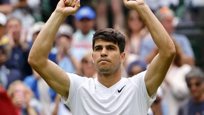 Carlos Alcaraz after beating Mark Lajal 7-6, 7-5, 6-2 in the first round of Wimbledon on July 1, 2024. EPA