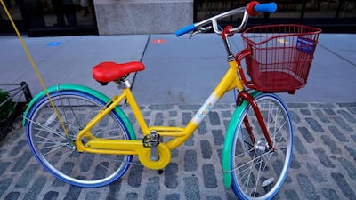 A Google bicycle is parked in front of the new Google store. AFP