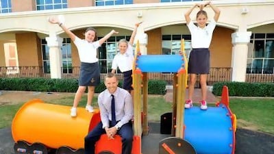 Emilia Eaves, 9, Elyse Truebridge, 9, and Angelica Gordon, 10, are competing in the upcoming Abu Dhabi Kids Duathlon, thanks to their teacher at Repton school, Ed Hawkins, who is an Ironman and Ultraman competitor. Charles Crowell / The National