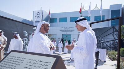 Sheikh Mohammed bin Zayed, Crown Prince of Abu Dhabi and Deputy Supreme Commander of the UAE Armed Forces, left, visits the Expo 2020 main office in Jebel Ali. Hamad Al Mansoori for The Crown Prince Court