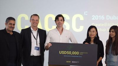 From left: Tech entrepreneur PK Gulati, Hans Henrik Christensen, the director of the DSOA, Pieter Sleebom, the managing director of the winner Marhababy and Yiping Gong, the general manager of Alibaba Cloud Global MEA and India. Courtesy : Alibaba