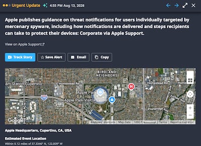 Apple's updated threat notifications post triggered an alert for some users of Dataminr news tracking software. Photo: Dataminr