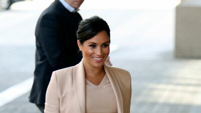 Meghan, Duchess of Sussex, wears Brandon Maxwell for a visit to the National Theatre. her first since becoming its patron, in London on January 30, 2019. AP