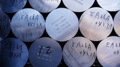 Aluminum billets marked "Made in Abu Dhabi UAE" at the Kato Light Metal Industry factory in Kanie, Japan. Aluminum prices could be driven to record levels as Iran's weekend strikes on Middle Eastern smelters threatens a supply crisis. Bloomberg