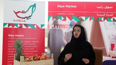 Rawdha Al Qubaisi, a member of Al Bayt Mitwahid committee, gives insight into the famous Ripe Market at the launch of the organisation’s 2016 initiatives at Al Bateen majlis in Abu Dhabi. Pawan Singh / The National