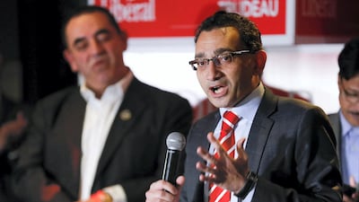 Omar Alghabra, who was recently appointed Canada's transport minister, talks to supporters after he won the riding of Mississauga Centre as an MP on October 19, 2015. Toronto Star via Getty