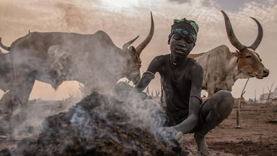 A boy keeps warm in the early morning.