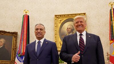 US President Donald Trump receives Iraq's Prime Minister Mustafa Al Kadhimi in the Oval Office at the White House in Washington, US, August 20, 2020. Reuters