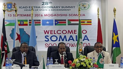 Somalia President Hassan Sheikh Mohamud (C) Kenya’s President Uhuru Kenyatta (L) and Ethiopia’s prime minister Hailemariam Desalegn (R) attend the Intergovernmental Authority on Development (IGAD) summit in Somalia’s capital Mogadishu, September 13, 2016, the first time Somalia has hosted a gathering of African leaders for 30 years. Feisal Omar / Reuters