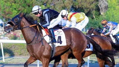 Tadhg O’Shea rides Ghost Of The Mambo to victory at Jebel Ali on Sunday, January 1, 2023. Photo: Adiyat Racing Plus