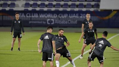 Leonardo Ponzio, centre, takes part in a River Plate training session ahead of the Fifa Club World Cup semi-final against Al Ain. Courtesy Fifa Club World Cup UAE 2018