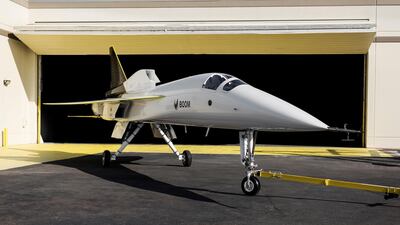 Boom Supersonic's demonstrator aircraft XB-1 is seen parked at a hangar in Denver, Colorado, in an undated photograph released on October 7, 2020. Boom Supersonic/Nathan Leach-Proffer/Handout via Reuters