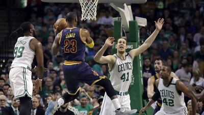 Cleveland Cavaliers forward LeBron James drives to the basket during Game 1 of the Eastern Conference final against the Boston Celtics. Charles Krupa / AP Photo