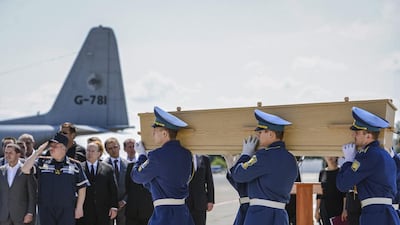 A coffin with the remains of a victim of the Malaysia Airlines flight MH17 is loaded onto a Dutch military plane during a ceremony on the airport of Kharkiv, Ukraine on 23 July 2014. Olga Ivashchenko/EPA