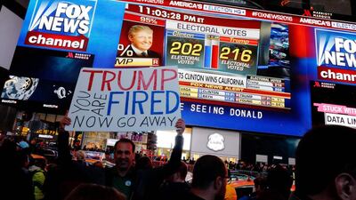 People gather around Times Square to view televised results of the US presidential election on November 8 in New York. Millions of Americans voted for their new leader in a historic election that will either elevate Democrat Hillary Clinton as their first woman president or hand power to maverick populist Donald Trump. Eduardo Munoz Alvarez / AFP