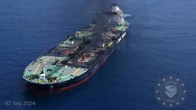 The Greek-flagged oil tanker Sounion burning in the Red Sea on September 2 following attacks by the Houthis. AP