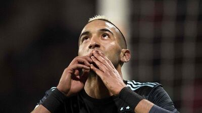 Ajax's Hakim Ziyech celebrates after scoring a goal during the eredivisie match between NEC Nijmegen and Ajax on April 8, 2017 in Nijmegen, Netherlands. Olaf Kraak / AFP