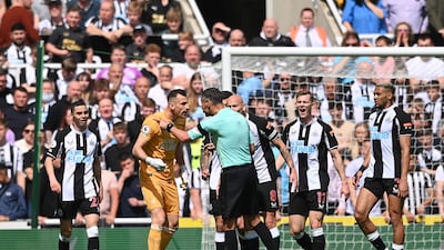 Newcastle's Martin Dubravka complains to referee Andre Marriner after Keita's goal. Getty