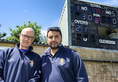 Former UAE cricketer Adnan Mufti with Clevedon coach Piers McBride at Clevedon's gricket ground. Mark Thomas for The National