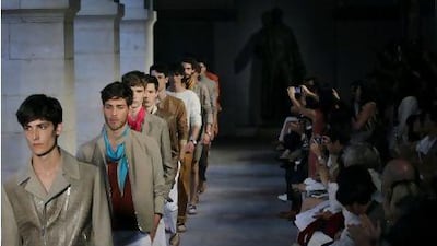 Models present creations by French designer Veronique Nichanian for the Hermes label during the brand men's spring-summer 2012 fashion collection show in June 2011. AFP