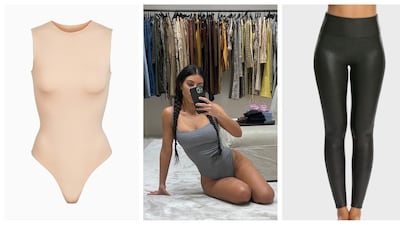 Kim Kardashian's shapewear range Skims (left) has made a huge splash in the solutionwear market, turning once-hidden undergarments into statement outerwear. Courtesy Skims, Instagram, Spanx