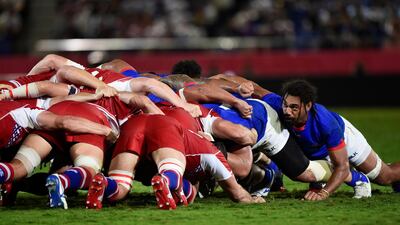 A scrum during the Samoa v Russia match. Reuters