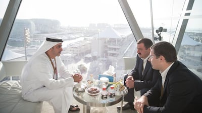 Lt General Sheikh Saif bin Zayed Deputy Prime Minister and Minister of Interior (L), Viktor Lukashenko Special Advisor to the President of Belarus (2nd L), attend the final race of the Formula 1 Etihad Airways Abu Dhabi Grand Prix at Yas Marina Circuit. Mohamed Al Hammadi / Crown Prince Court - Abu Dhabi