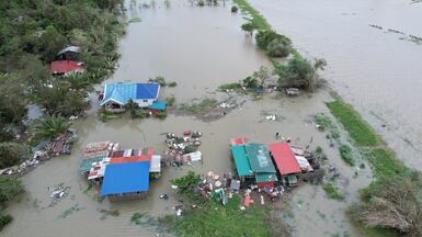 Flooded homes in the typhoon-hit town of Burgos in the Philippines on Tuesday after Super Typhoon Ragasa passed over Luzon Island causing flooding, landslides and damage to homes and infrastructure. EPA