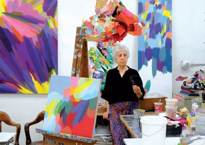 Artist Samia Halaby will become a nonagenarian at the end of 2026. Photo: Samia Halaby / Sfeir-Semler Gallery Beirut / Hamburg