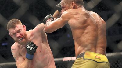 Abu Dhabi, United Arab Emirates - September 07, 2019: Lightweight bout between Edson Barboza and Paul Felder (blue shorts, winner) in the Main card at UFC 242. Saturday the 7th of September 2019. Yas Island, Abu Dhabi. Chris Whiteoak / The National