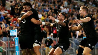 All Blacks' Will Jordan celebrates scoring his second try. EPA