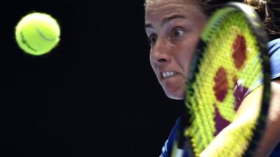 Anastasija Sevastova of Latvia hits a backhand return to Jarmila Wolfe of Australia during their first round match at the Australian Open tennis championships in Melbourne, Australia, Tuesday, Jan. 19, 2016.(AP Photo/Andrew Brownbill)