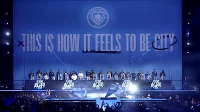 A general view of the stage with all the trophies won under Pep Guardiola's management during the After Party Celebration. Getty Images