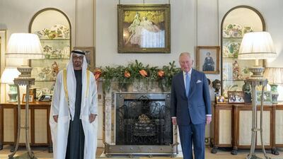 Crown Prince of Abu Dhabi and Deputy Supreme Commander of the Armed Forces, Sheikh Mohamed bin Zayed (l) meets the Prince of Wales at Clarence House, London, December 10. Rashed Al Mansoori/Ministry of Presidential Affairs