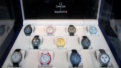The Bioceramic Moonswatch Collection by Swiss watchmakers Swatch and Omega on display in Zurich, Switzerland. Reuters