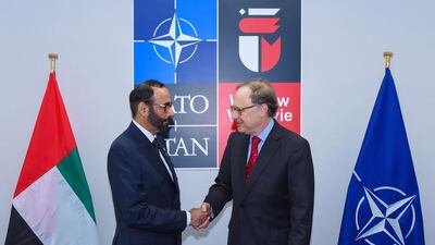 Mohammed Al Bowardi, the UAE Minister of State for Defence Affairs, meets Alexander Vershbow, Nato’s deputy secretary general, in Warsaw on July 8, 2016. Wam