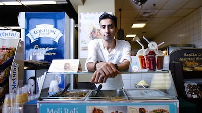 Tahir Shah at his pop-up Moti Roti takeaway stand in Knowledge Village in Dubai. Sarah Dea / The National