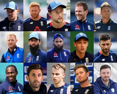 England's 2019 Cricket World Cup squad, from top left to bottom right: Jason Roy, Jonny Bairstow, Joe Root, Eoin Morgan, Jos Buttler, Ben Stokes, Moeen Ali, Adil Rashid, Chris Woakes, Mark Wood, Jofra Archer, Liam Plunkett, Tom Curran, Liam Dawson, James Vince. Press Association