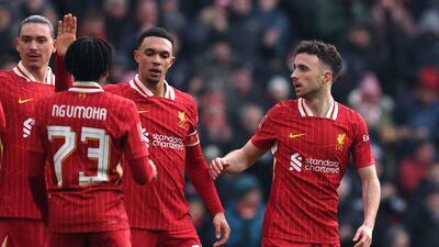 Liverpool's Diogo Jota celebrates scoring the first goal with Trent Alexander-Arnold, Darwin Nunez and Rio Ngumoha during the FA Cup third round match against Accrington Stanley. Reuters