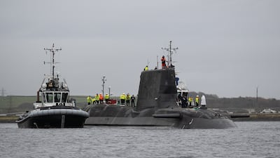HMS Anson, the fifth Astute class submarine, which BAE Systems has designed and built for the Royal Navy, at the company's shipyard in Barrow-in-Furness, Cumbria, in February 2023. BAE Systems / PA