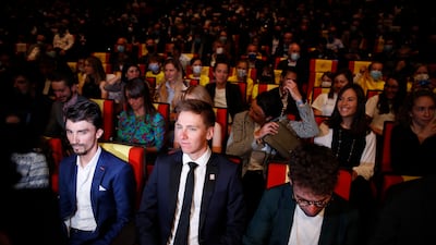 Julian Alaphilippe, Tadej Pogacar and Mark Cavendish during the presentation for the 2022 Tour de France and the Tour de France Femmes. Reuters