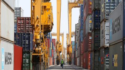 Cargo containers at Terminal 1 of DP World's Jebel Ali port in Dubai. Pawan Singh / The National