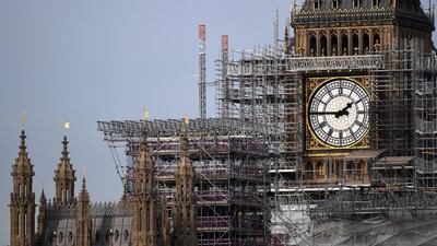 Heavy scaffolding has been erected around the Elizabeth Tower, commonly called Big Ben, during ongoing renovations to the Tower and the Houses of Parliament. AFP PHOTO / Chris J Ratcliffe