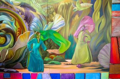 The dancing women in the paintings explicitly highlight the work's Salpuri influences. Ahmed Ramzan for The National
