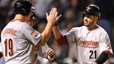 Fernando Martinez and Brian Bogusevic celebrate for Houston Astros